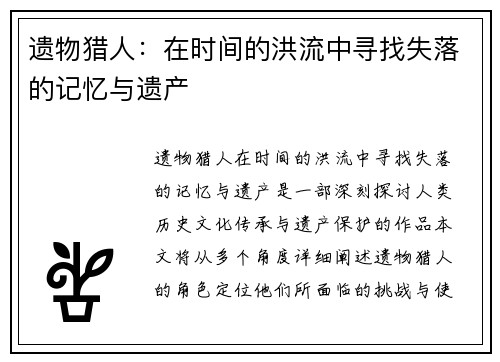 遗物猎人：在时间的洪流中寻找失落的记忆与遗产